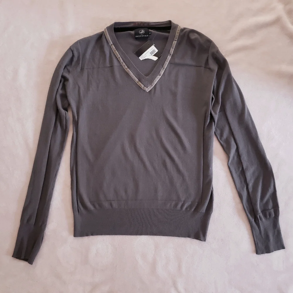 BACCA DA SILVA Gray Modal Blend V-Neck Velvet Trim Sweater
